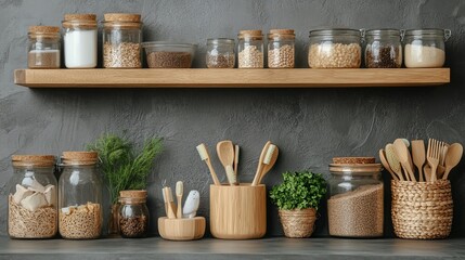Fototapeta premium A Charming Rustic Shelf Displaying an Array of Colorful Jars and Unique Utensils Creating a Warm Inviting Atmosphere Perfect for Kitchen Decor and Home Organization Inspiration Ideas