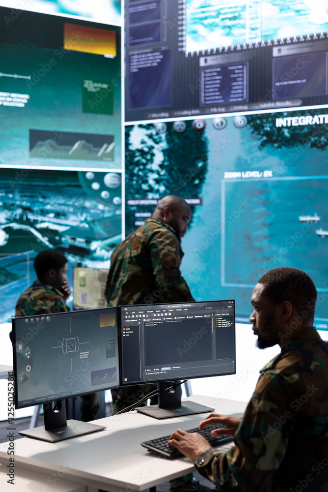 Aufkleber soldier in a secure environment ensuring data analysis and processing, gathering intelligence for st