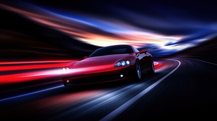 Red sports car on an illuminated highway at night with motion trails. Speed and technology.