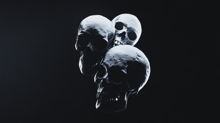 Three human skulls isolated on dark background
