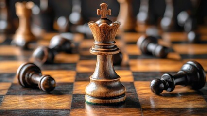 Wooden chess queen on chessboard with pieces in strategic positions, leadership, victory, and business strategy concept