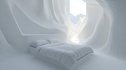Abstract White Bedroom with Mountain View