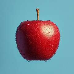 Juicy Red Apple with Water Droplets on Blue Background