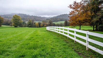 Fototapeta premium White wooden fence curves through a lush green pasture in a rural autumn landscape with colorful trees and misty hills.