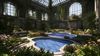 Fototapeta premium Lush Indoor Botanical Garden with Pools and Natural Light Featuring Overgrown Greenery and Colorful Blooms
