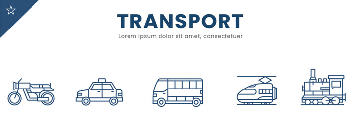 Transport line Icon Set . Car, bus, train, bicycle  . Vector Illustration