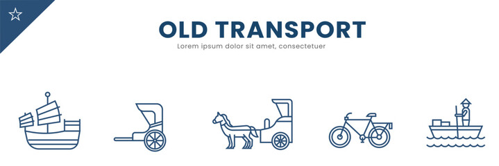 Old transport line Icon Set . Car, bus, train, bicycle, ship, plane,  . Vector Illustration