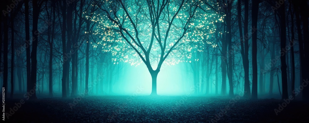 Poster glow forest concept. a mystical forest bathed in ethereal light, showcasing enchanting trees and dee