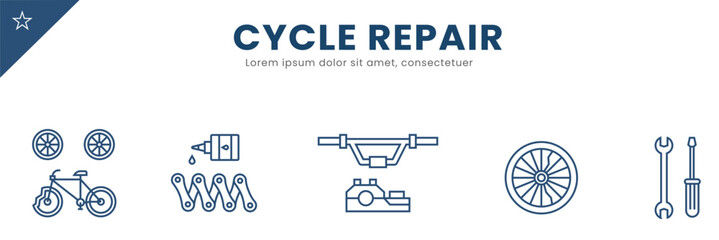 Cycle repair line Icon Set . tire, wheel, service, chain . Vector Illustration