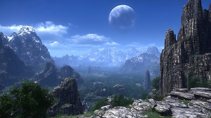 Majestic Mountainous Vista with Lunar Sphere Ascending over Breathtaking Terrain Scenery
