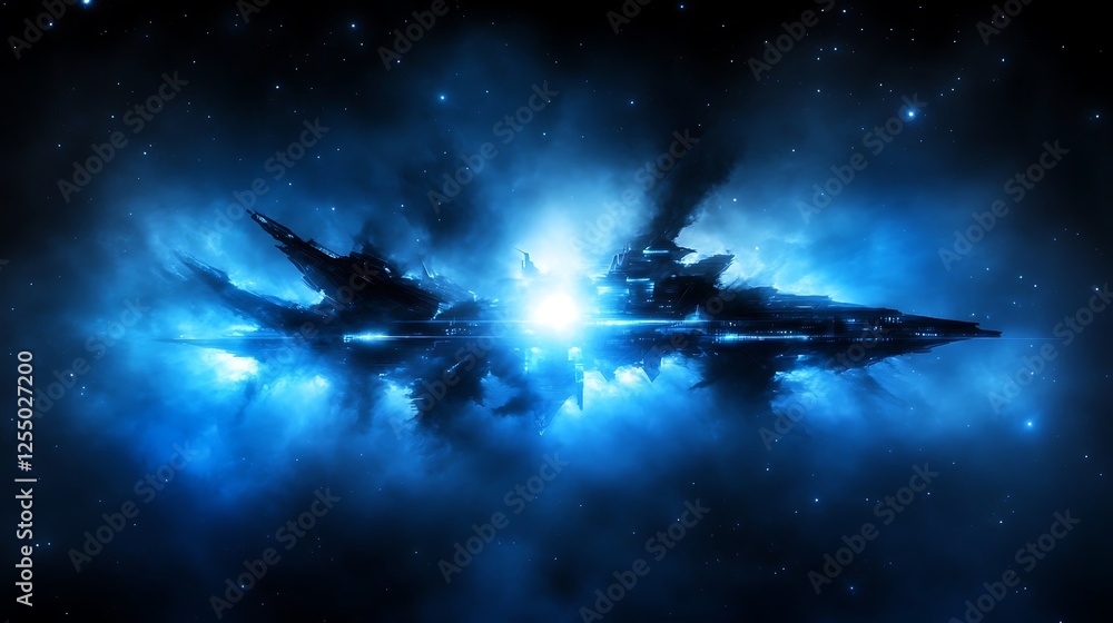 Poster majestic spaceship navigating through a cosmic nebula cloud formation in the vastness of space