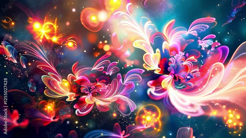 Poster a computer generated image of a colorful flower in the middle of a space