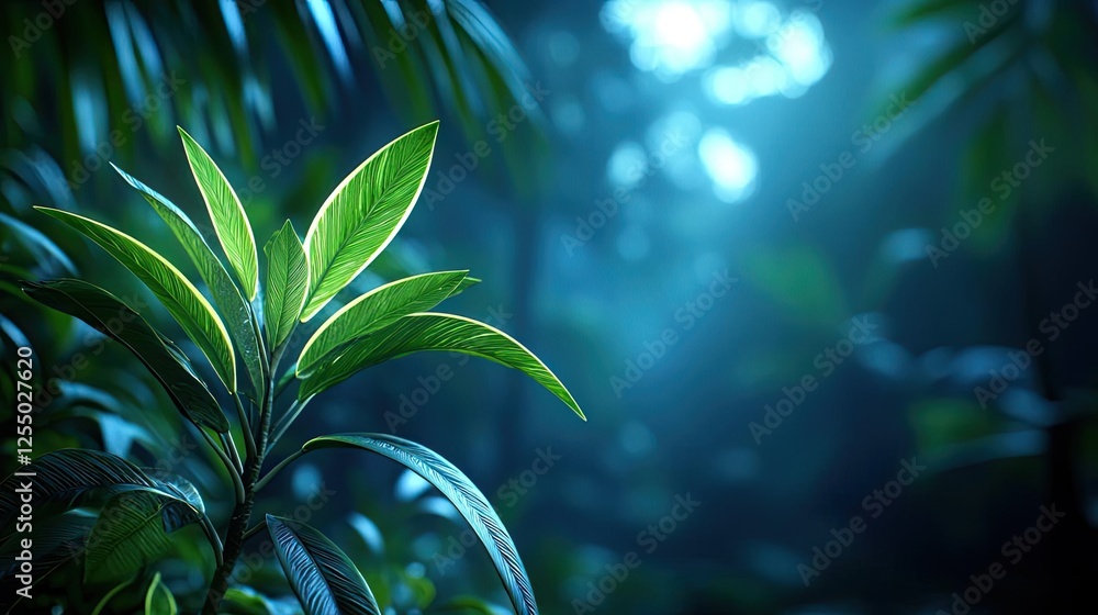 Poster glow forest idea. close-up of vibrant green leaves in a serene forest environment illuminated by sof