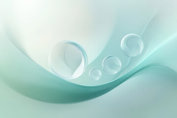 Serene Aqua Flow: Abstract image of translucent water droplets cascading down a soft teal and white wave, evoking calmness and purity. 