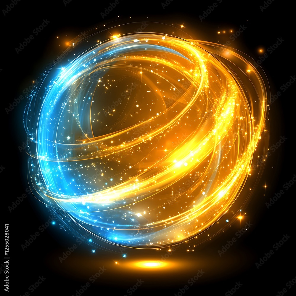 Poster mesmerizing sphere of intertwined golden and azure light trails on a dark void backdrop radiance