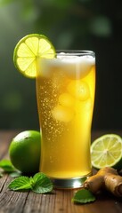 Bubbly ginger beer, lime, fresh ginger & mint, glass, beverage