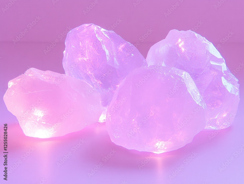 Poster glowing crystals in soft pink light creating a magical and ethereal atmosphere for design