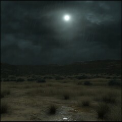 Moody Night Landscape Under a Bleak Sky With Rain and a Creek Reflecting Moonlight Glimmering