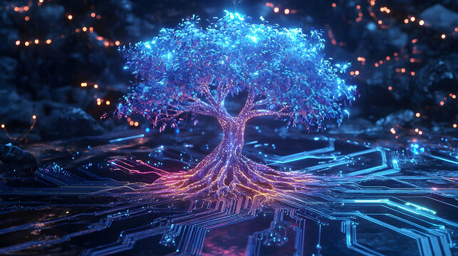 Futuristic neon tree with circuit roots in luminous digital environment