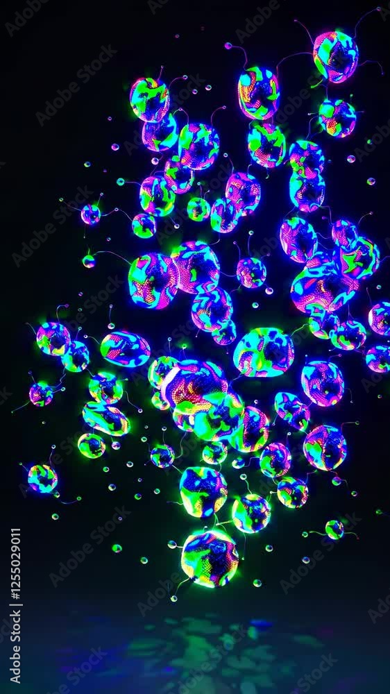 Poster Glowing biological cells with vibrant energy cores, creating a futuristic and microscopic sci-fi atmosphere