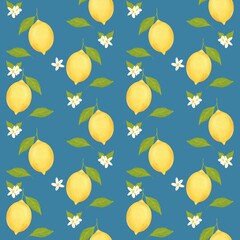 seamless pattern with lemons blossom and flower blue yellow background leaves leaf