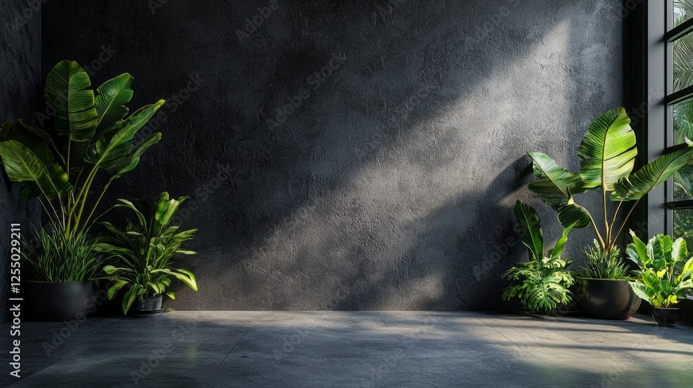 Poster a harmonious indoor space showcases vibrant green plants in sleek pots, bathed in warm sunlight filt