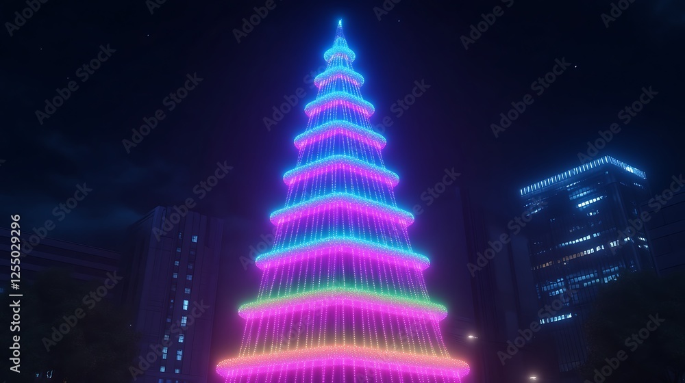 Poster multicolored lighted cone structure shining amidst urban nighttime scene architecture
