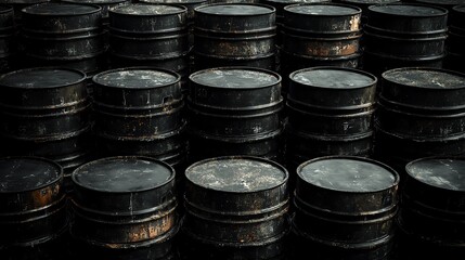 Stacked black oil barrels in an industrial setting.