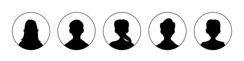 Black male and female avatars isolated on transparent background. Silhouettes of anonymous people for social media profiles, icons or templates. Vector illustrations set.