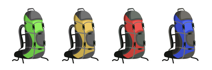 Hiking backpacks. Green, blue, yellow, red travel backpacks isolated on transparent background. Camping gear. Tourist accessory. Hike knapsacks. Trekking equipment. Flat vector illustrations set.