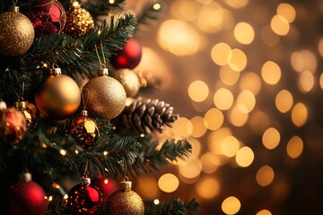 Obraz premium Enchanting christmas scene with golden decorations and sparkling lights for holiday designs