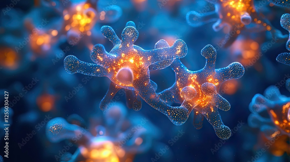 Poster microscopic ocean life idea. microscopic view of glowing cells illustrating biological complexity an
