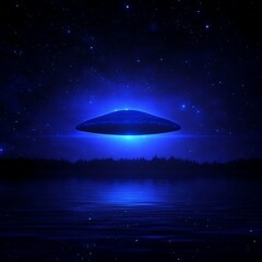 Obraz premium Mysterious UFO Hovering Above Water at Night Under Starry Sky with a Blue Glow Phenomenon Display