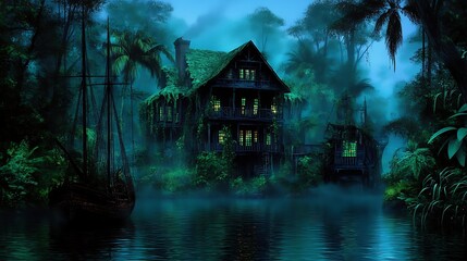 Mystic Marshland Mansion with Shadowy Sailing Ship Amidst Enigmatic Waters and Verdant Vegetation