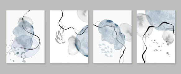Abstract wall art vector template. Collection of hand drawn leaves with blue watercolor texture, abstract shape. Botanical poster set for wall decoration, interior, wallpaper, banner.