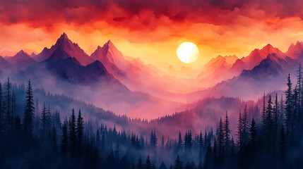 Obraz premium Majestic mountain landscape at sunrise, vivid colors, dreamy atmosphere, watercolor effect