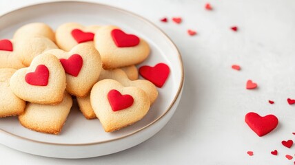 Heart-shaped cookies decorated with red fondant hearts