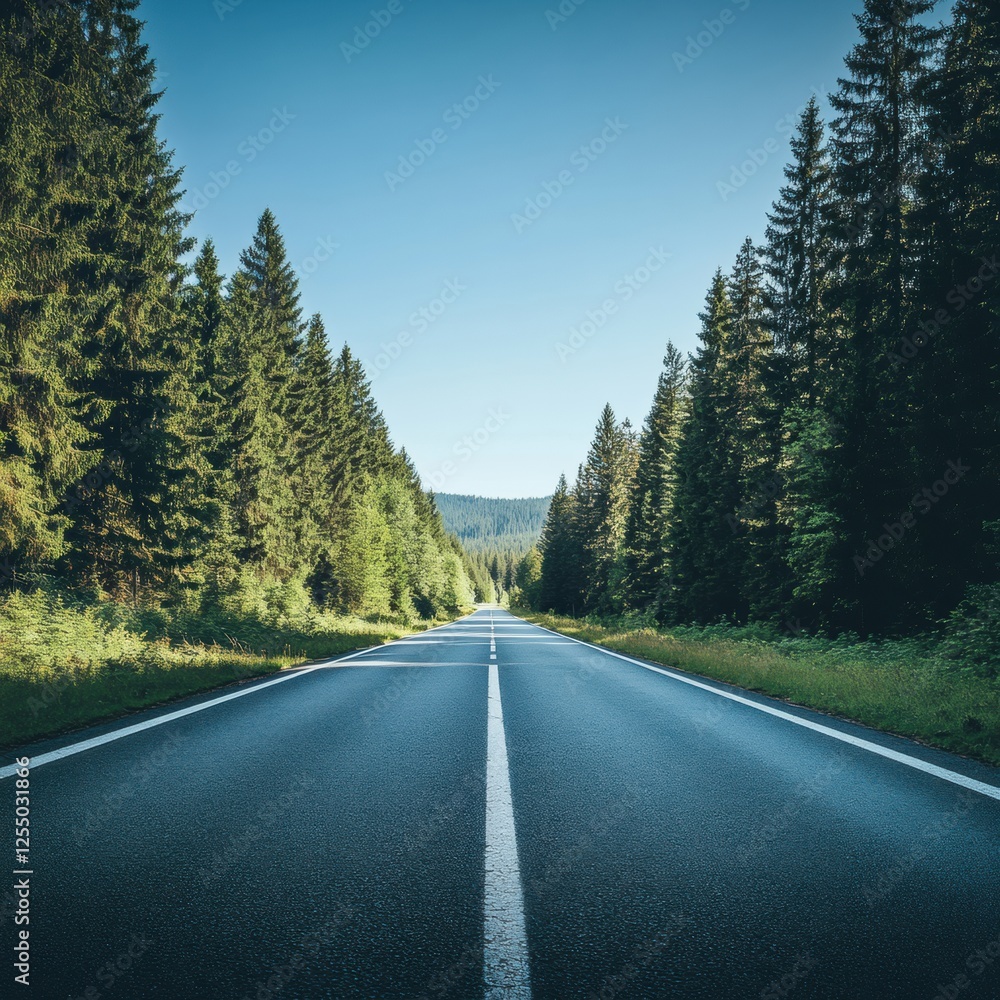 Poster straight road leading into a dense forest at midday with clear blue skies and vibrant greenery on bo