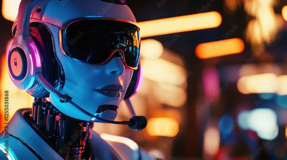 Poster a robot call center agent wearing a headset with microphone interacting with an online chat session
