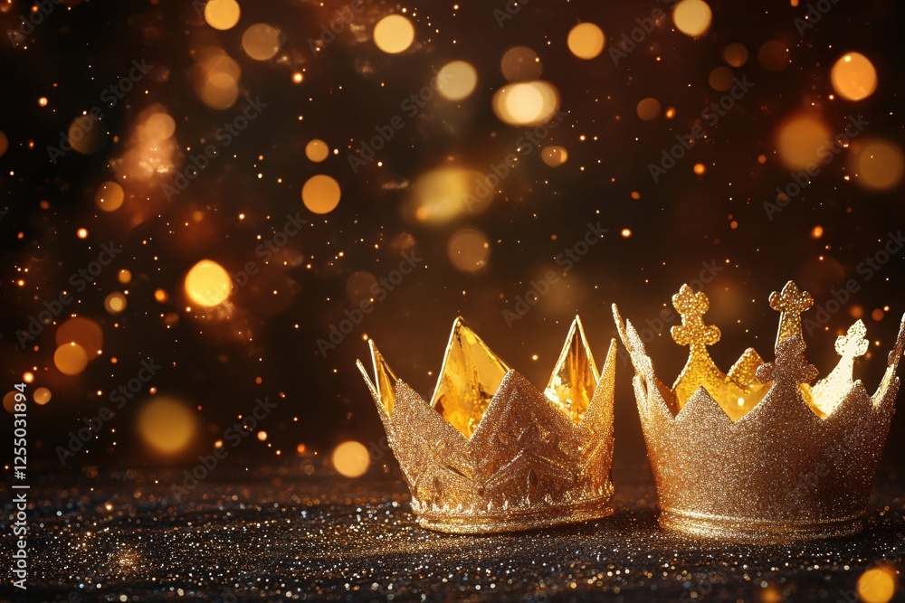 Poster two golden crowns sparkling on glittering surface with bokeh lights in a dark background