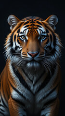 Obraz premium Wallpaper of a tiger with an intense gaze against a black background