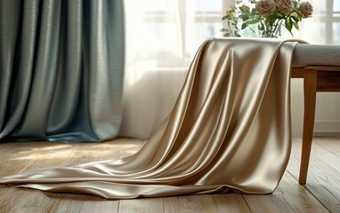 Draped gold silk fabric on wooden bench near window.