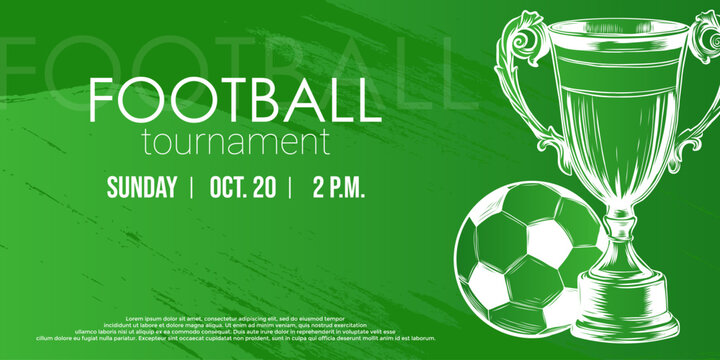 Soccer Design template for football championship. Background for social media with ball and cup. Vector illustration. Football banner, Sport layout design, green Theme.
