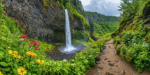 A cascading waterfall surrounded by lush greenery and colorful flowers.