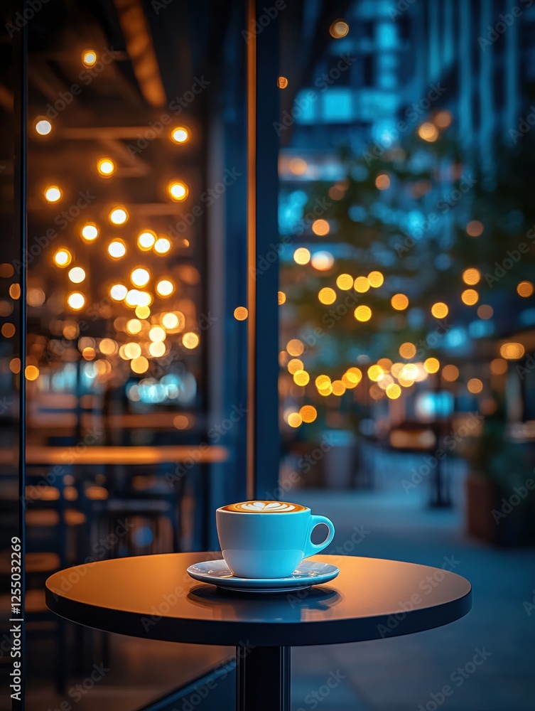 Poster coffee cup with latte art on table at cafe with bokeh lights and cityscape in background