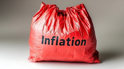 A deflated red shopping bag with the word "Inflation" prominently displayed, isolated on a crisp white background, illuminated by soft ambient light, minimalist and symbolic design, evoking a sense