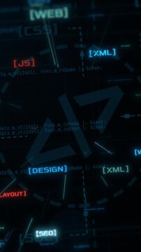 diagram animation, web design and development concept, abstract grid with symbols and technical terms, front view, camera zoom in (3d render)  vertical video  