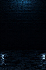 Cobblestones ground with puddles and brick wall at night. 3D Rendering