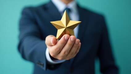 Closeup of achievement with gold star in hand