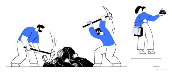 Three people working to mine and analyze data. One smashes with a mallet, another wields a pickaxe, and a third inspects a gem. Ideal for teamwork, data mining, research, analysis, collaboration